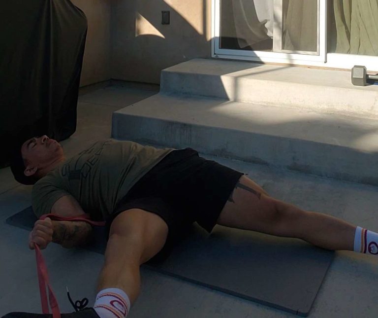 resistance band groin stretch