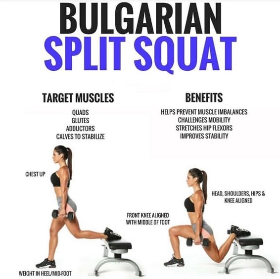 Bulgarian Split Squats . Want an awesome leg exercise that gives you a ton of value!? These work your glutes quads adductors and even calves (to stabilize) . What more could you want? . Try to keep your weight mostly in your heel and your head hip and back knee aligned. Id suggest trying to keep your front knee aligned with the middle of your front foot. . Doing squats and deadlifts are obviously amazing but we sometimes have a tendency to use one leg a bit more than the other. This will even ea